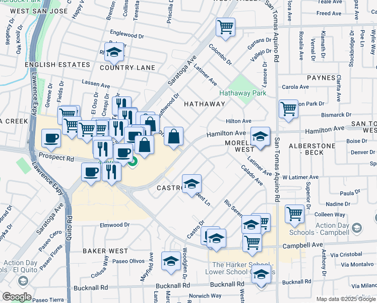 map of restaurants, bars, coffee shops, grocery stores, and more near 4656 Parkwest Drive in San Jose