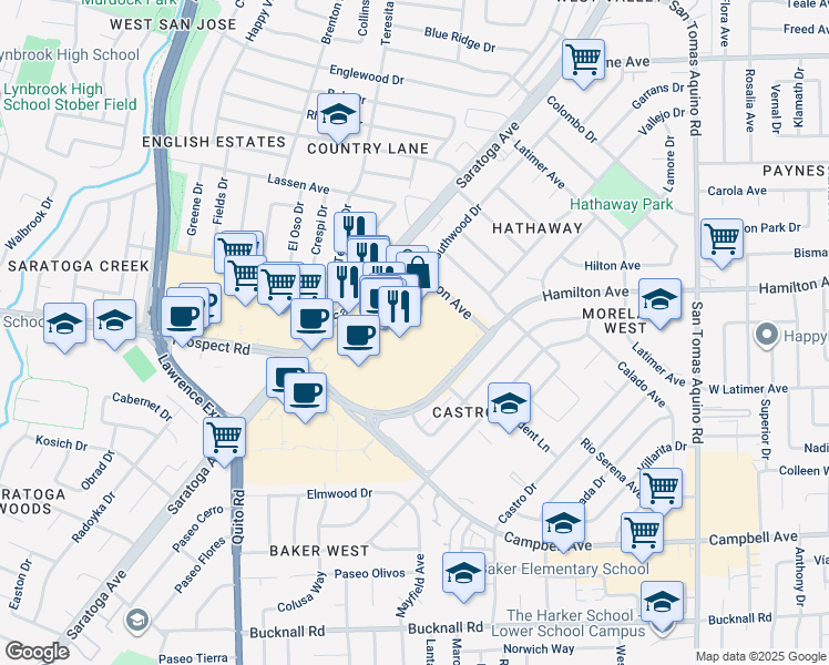 map of restaurants, bars, coffee shops, grocery stores, and more near 1600 Saratoga Avenue in San Jose