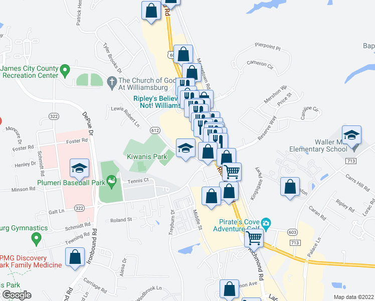 map of restaurants, bars, coffee shops, grocery stores, and more near 1628 Richmond Road in Williamsburg