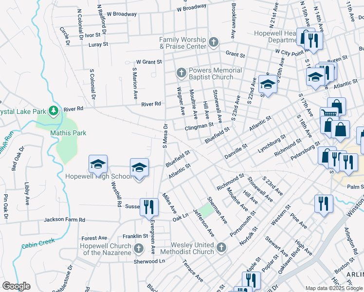 map of restaurants, bars, coffee shops, grocery stores, and more near 321 Hoke Avenue in Hopewell