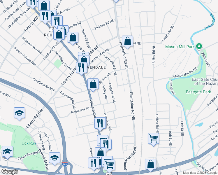 map of restaurants, bars, coffee shops, grocery stores, and more near 2126 Colgate St NE in Roanoke