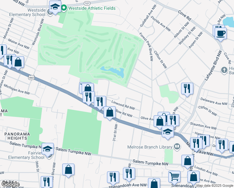 map of restaurants, bars, coffee shops, grocery stores, and more near 1100 Golfside Ave NW in Roanoke