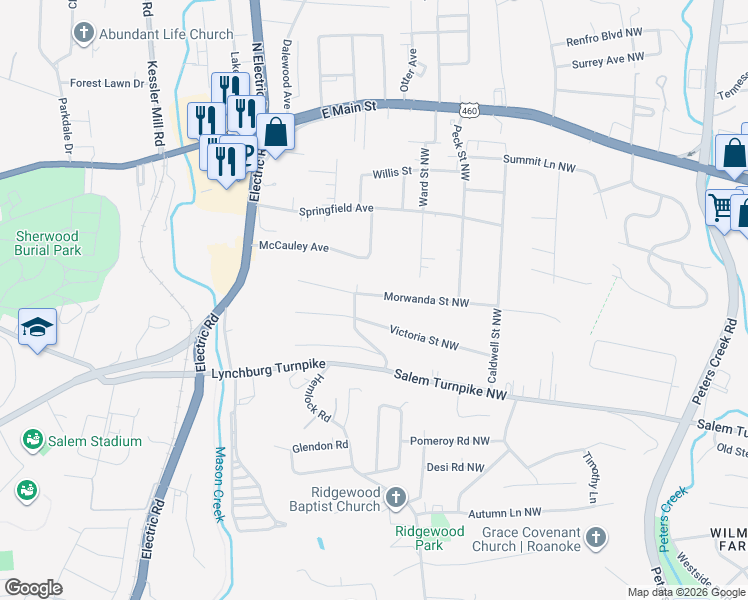 map of restaurants, bars, coffee shops, grocery stores, and more near 5237 Morwanda Avenue Northwest in Roanoke