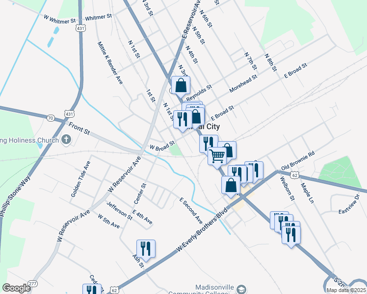 map of restaurants, bars, coffee shops, grocery stores, and more near 112 South 1st Street in Central City