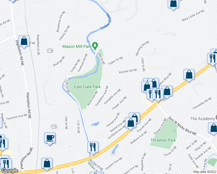 map of restaurants, bars, coffee shops, grocery stores, and more near 1818-1826 Templeton Avenue Northeast in Roanoke
