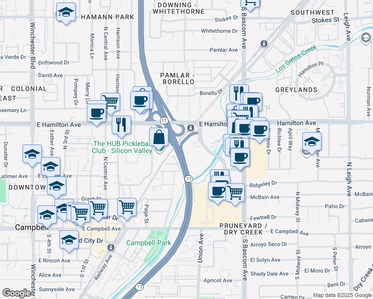 map of restaurants, bars, coffee shops, grocery stores, and more near 675 Creekside Way in Campbell