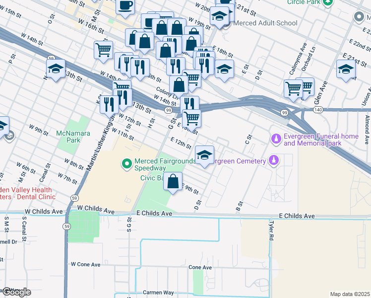 map of restaurants, bars, coffee shops, grocery stores, and more near 112 East 12th Street in Merced