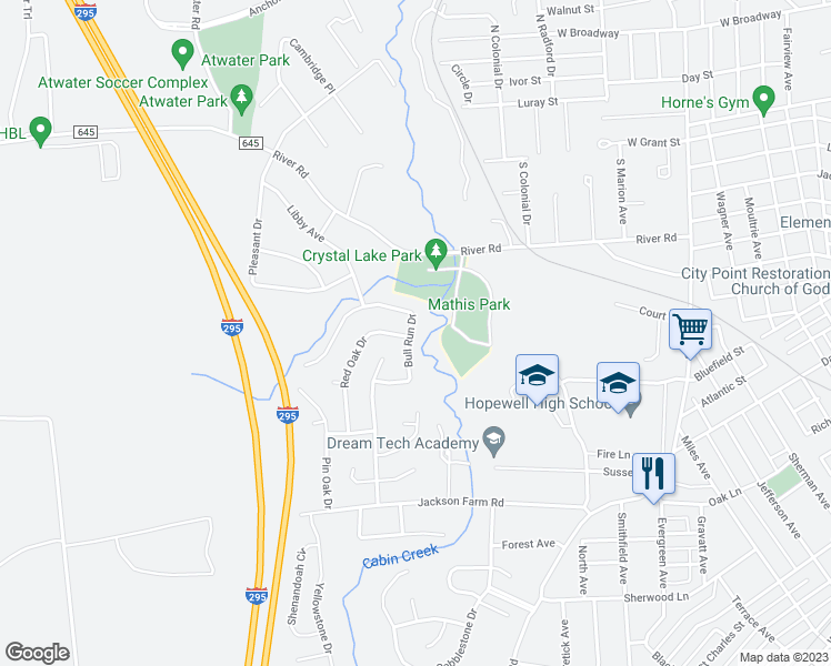 map of restaurants, bars, coffee shops, grocery stores, and more near 228 Bull Run Drive in Hopewell