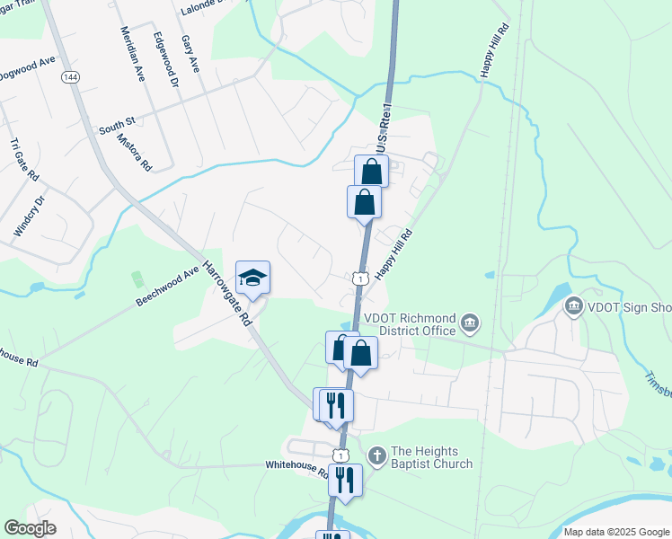 map of restaurants, bars, coffee shops, grocery stores, and more near 2700 Amherst Ridge Way in Colonial Heights