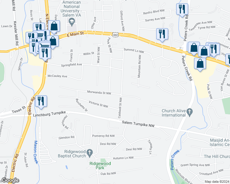 map of restaurants, bars, coffee shops, grocery stores, and more near 5015 Morwanda Street Northwest in Roanoke