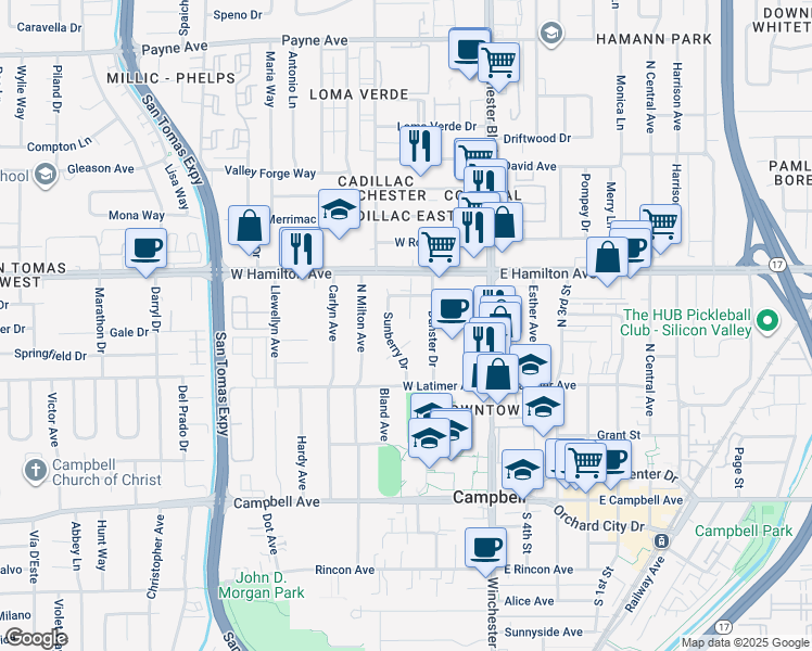map of restaurants, bars, coffee shops, grocery stores, and more near 385 Lawndale Avenue in Campbell