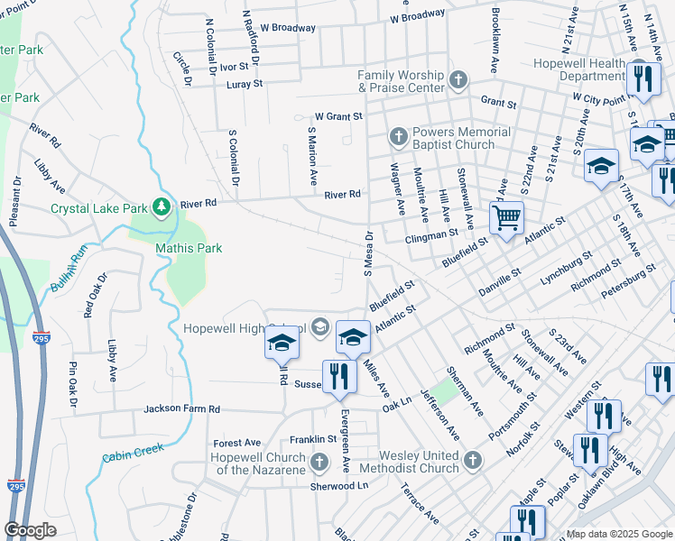 map of restaurants, bars, coffee shops, grocery stores, and more near 304 Sunset Circle in Hopewell