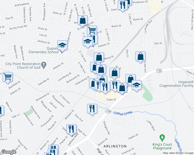 map of restaurants, bars, coffee shops, grocery stores, and more near 1443 Norfolk Street in Hopewell