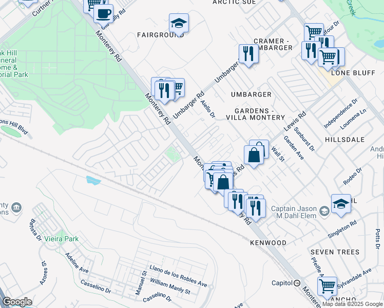 map of restaurants, bars, coffee shops, grocery stores, and more near 2829 Monterey Road in San Jose