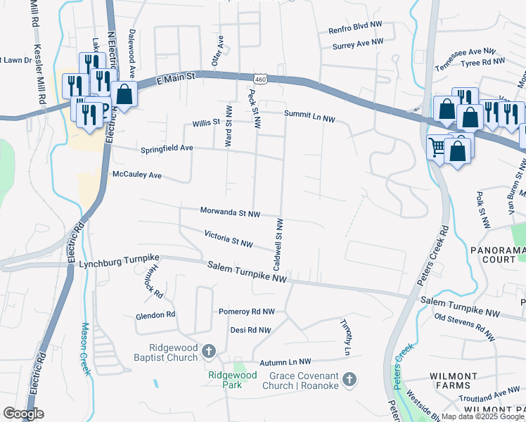 map of restaurants, bars, coffee shops, grocery stores, and more near 5025 Morwanda Street Northwest in Roanoke