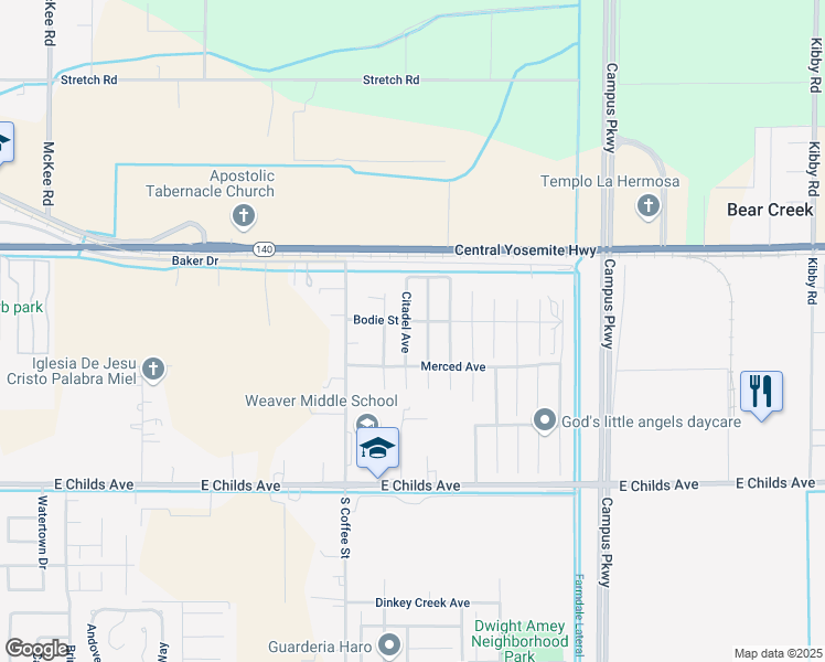 map of restaurants, bars, coffee shops, grocery stores, and more near 286 Citadel Avenue in Merced