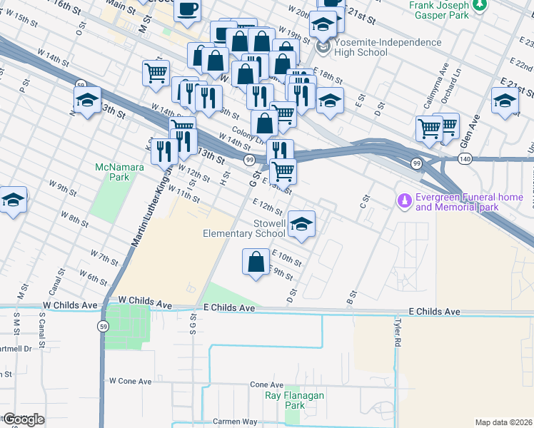 map of restaurants, bars, coffee shops, grocery stores, and more near 117 East 12th Street in Merced