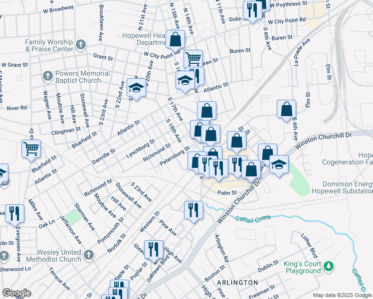 map of restaurants, bars, coffee shops, grocery stores, and more near 1790 Petersburg Street in Hopewell