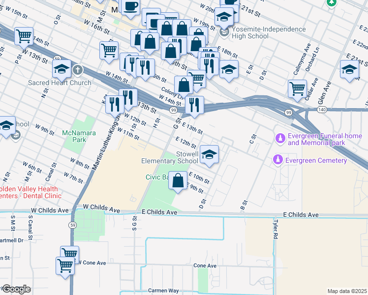 map of restaurants, bars, coffee shops, grocery stores, and more near 20 East 12th Street in Merced