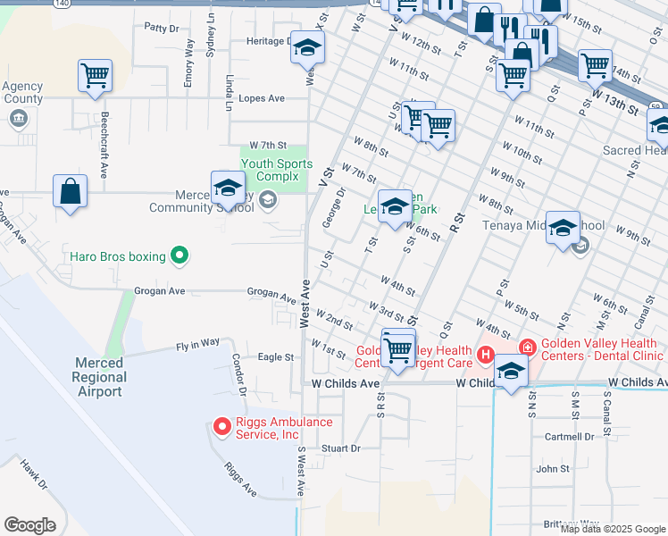 map of restaurants, bars, coffee shops, grocery stores, and more near 1345 West 4th Street in Merced