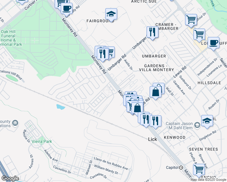 map of restaurants, bars, coffee shops, grocery stores, and more near 2829 Monterey Road in San Jose