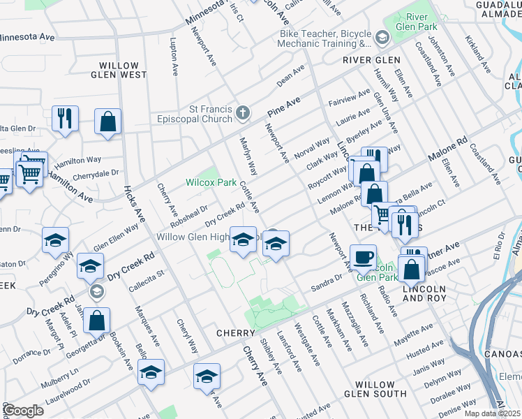 map of restaurants, bars, coffee shops, grocery stores, and more near 1306 Vierra Court in San Jose