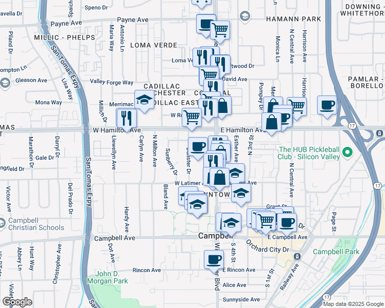map of restaurants, bars, coffee shops, grocery stores, and more near 410 Dunster Drive in Campbell