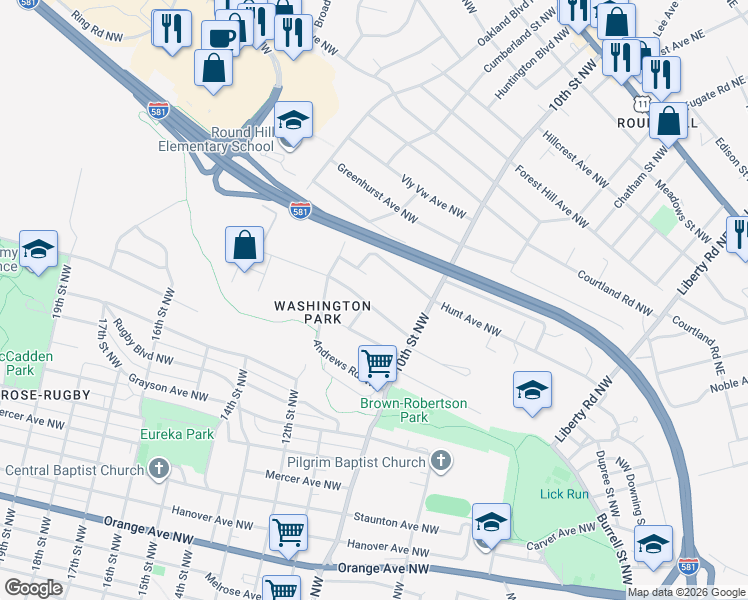 map of restaurants, bars, coffee shops, grocery stores, and more near 1040 Hunt Avenue Northwest in Roanoke
