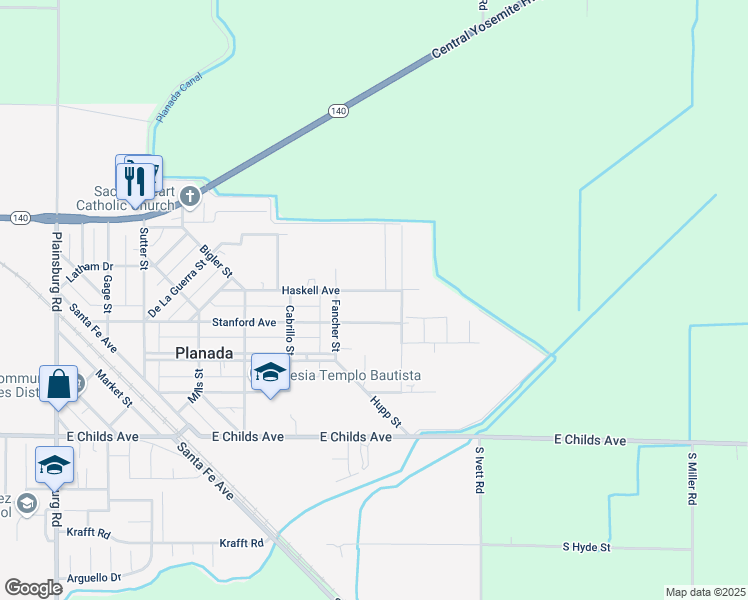 map of restaurants, bars, coffee shops, grocery stores, and more near 9786 Haskell Avenue in Planada