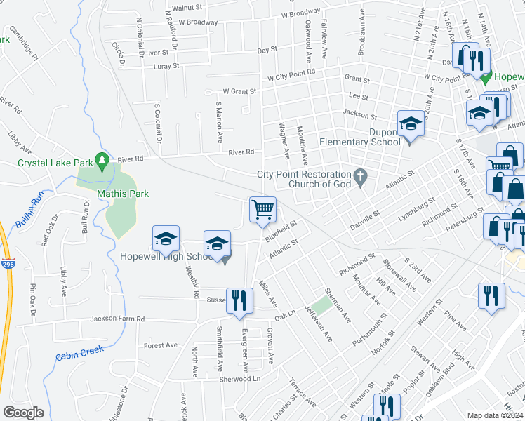 map of restaurants, bars, coffee shops, grocery stores, and more near 301 South Mesa Drive in Hopewell
