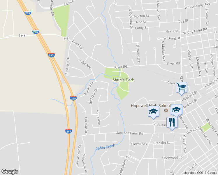 map of restaurants, bars, coffee shops, grocery stores, and more near 234 Bull Run Drive in Hopewell
