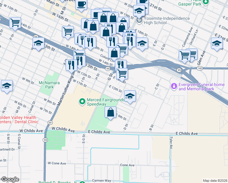 map of restaurants, bars, coffee shops, grocery stores, and more near 80 East 12th Street in Merced
