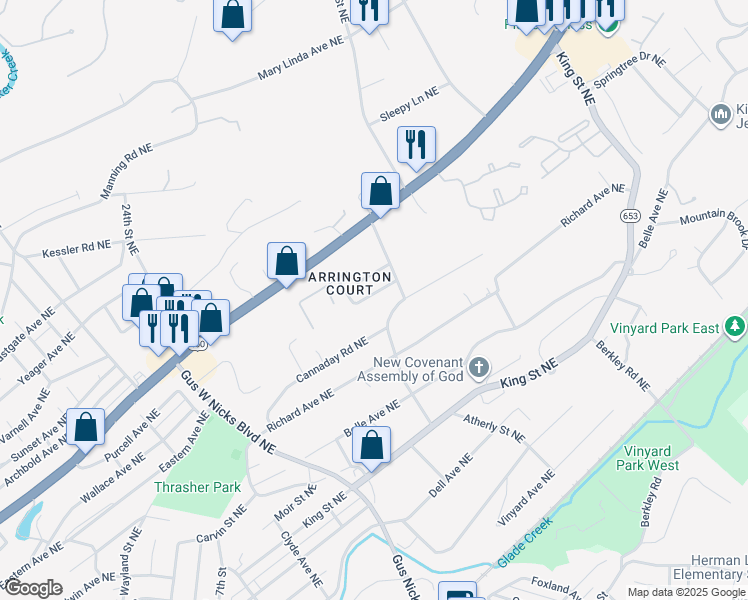 map of restaurants, bars, coffee shops, grocery stores, and more near 2819 Arrington Drive Northeast in Roanoke