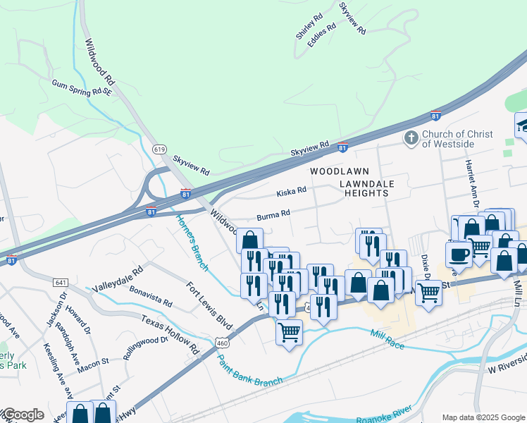 map of restaurants, bars, coffee shops, grocery stores, and more near 2000 Burma Road in Salem
