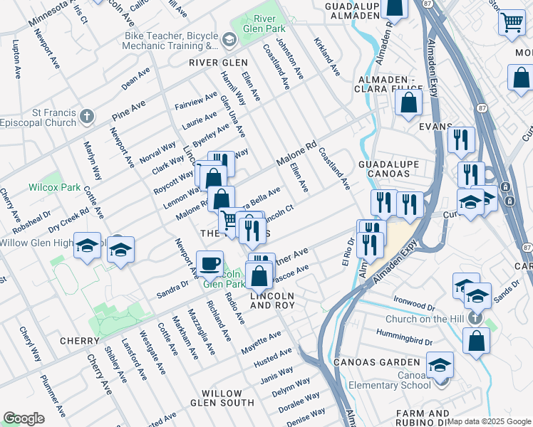 map of restaurants, bars, coffee shops, grocery stores, and more near 1047 Lincoln Court in San Jose