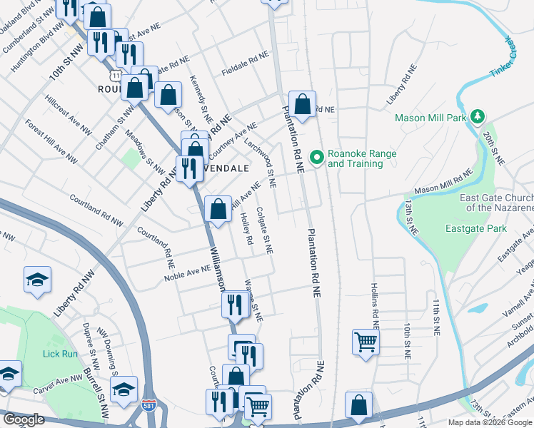 map of restaurants, bars, coffee shops, grocery stores, and more near 2126 Colgate St NE in Roanoke