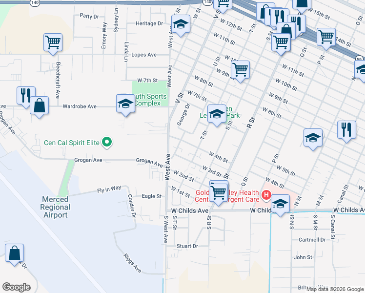 map of restaurants, bars, coffee shops, grocery stores, and more near 342 U Street in Merced