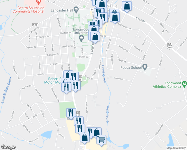 map of restaurants, bars, coffee shops, grocery stores, and more near 508 Front Street in Farmville