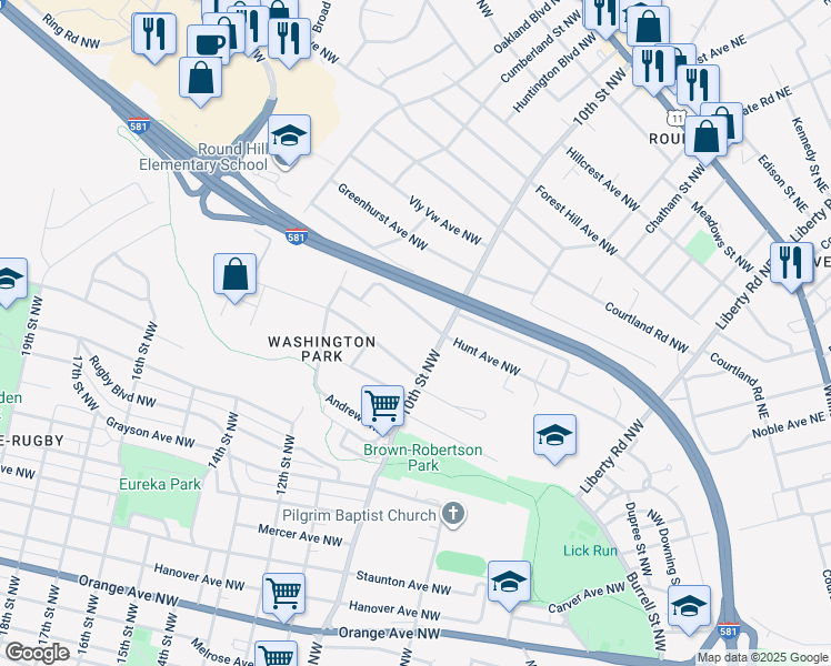 map of restaurants, bars, coffee shops, grocery stores, and more near 1832 10th Street Northwest in Roanoke