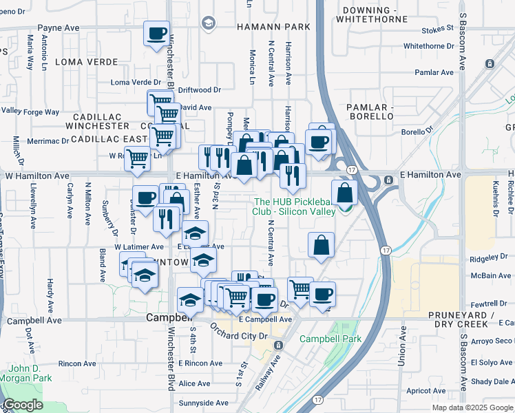 map of restaurants, bars, coffee shops, grocery stores, and more near 380 North 1st Street in Campbell