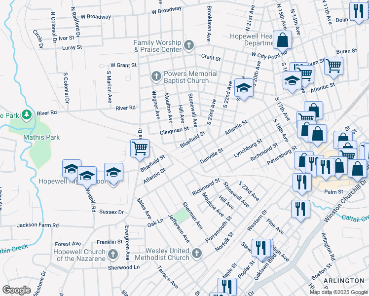 map of restaurants, bars, coffee shops, grocery stores, and more near 2502 Bluefield Street in Hopewell