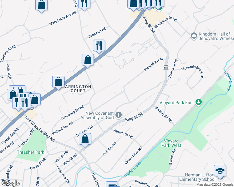 map of restaurants, bars, coffee shops, grocery stores, and more near 3020 Richard Avenue Northeast in Roanoke