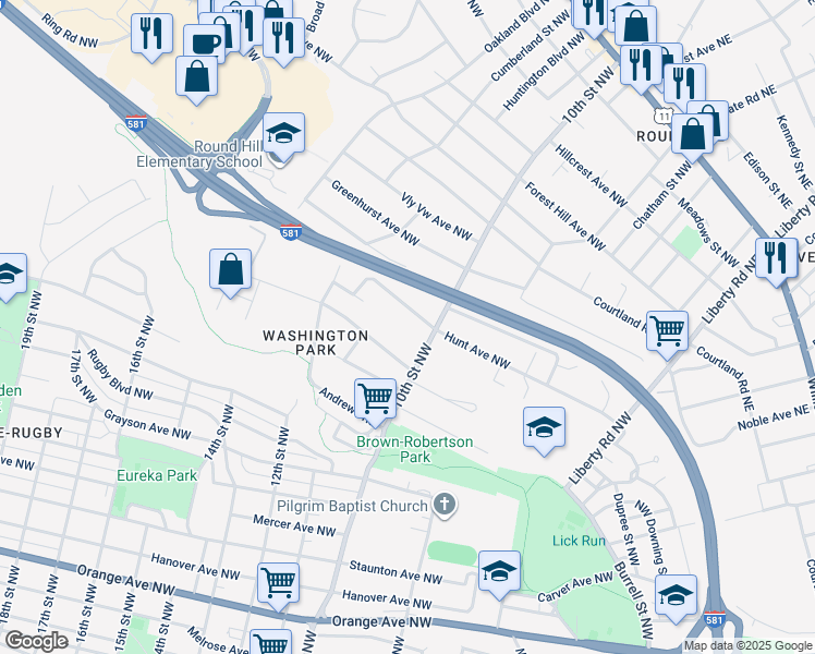 map of restaurants, bars, coffee shops, grocery stores, and more near 1832 10th Street Northwest in Roanoke