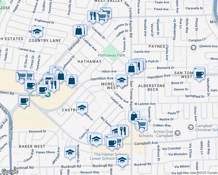 map of restaurants, bars, coffee shops, grocery stores, and more near 1564 Duvall Drive in San Jose