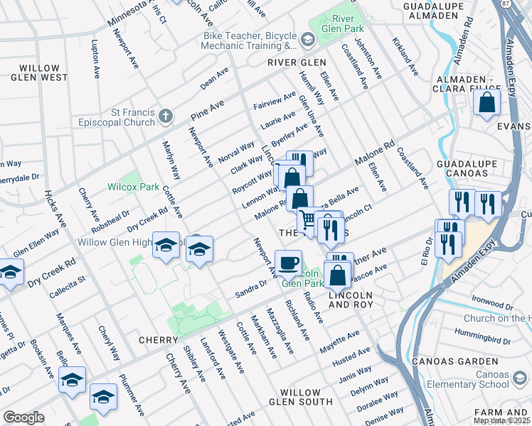 map of restaurants, bars, coffee shops, grocery stores, and more near Malone Road & Radio Avenue in San Jose