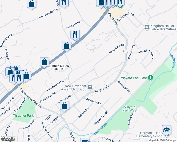 map of restaurants, bars, coffee shops, grocery stores, and more near 3020 Richard Avenue Northeast in Roanoke