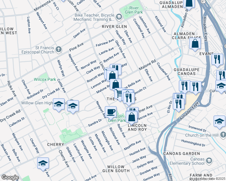 map of restaurants, bars, coffee shops, grocery stores, and more near 1261 Lincoln Avenue in San Jose