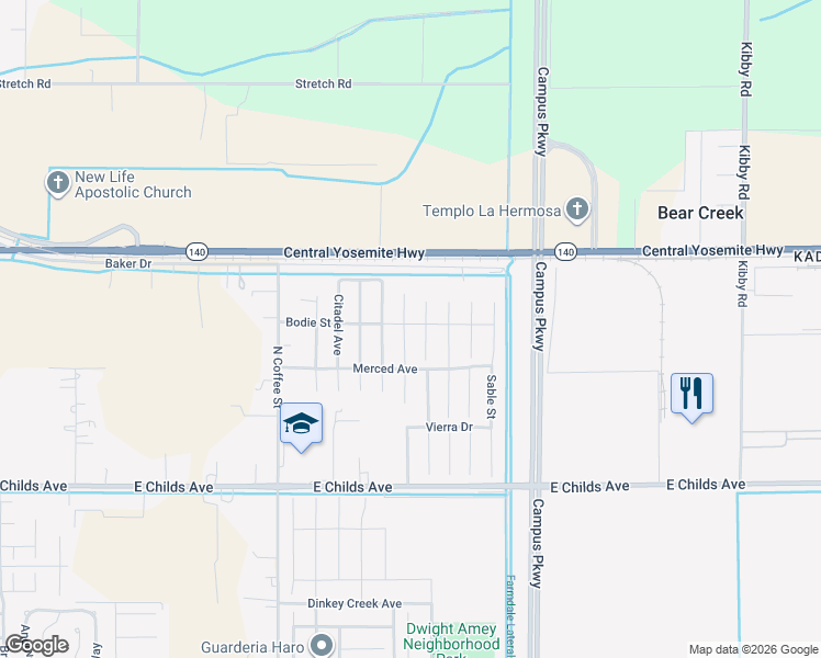 map of restaurants, bars, coffee shops, grocery stores, and more near 306 Ostrander Avenue in Merced