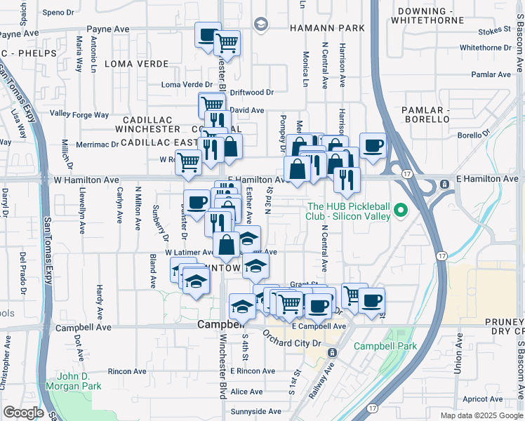 map of restaurants, bars, coffee shops, grocery stores, and more near 365 North 3rd Street in Campbell