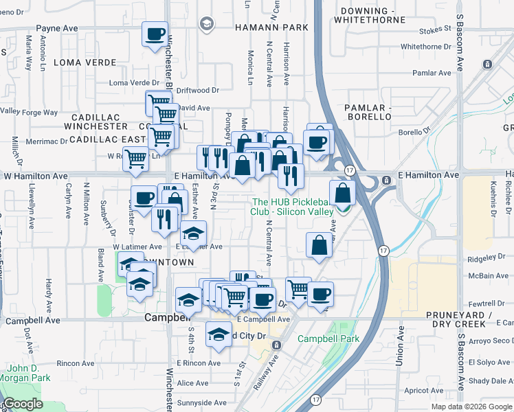 map of restaurants, bars, coffee shops, grocery stores, and more near 380 North 1st Street in Campbell